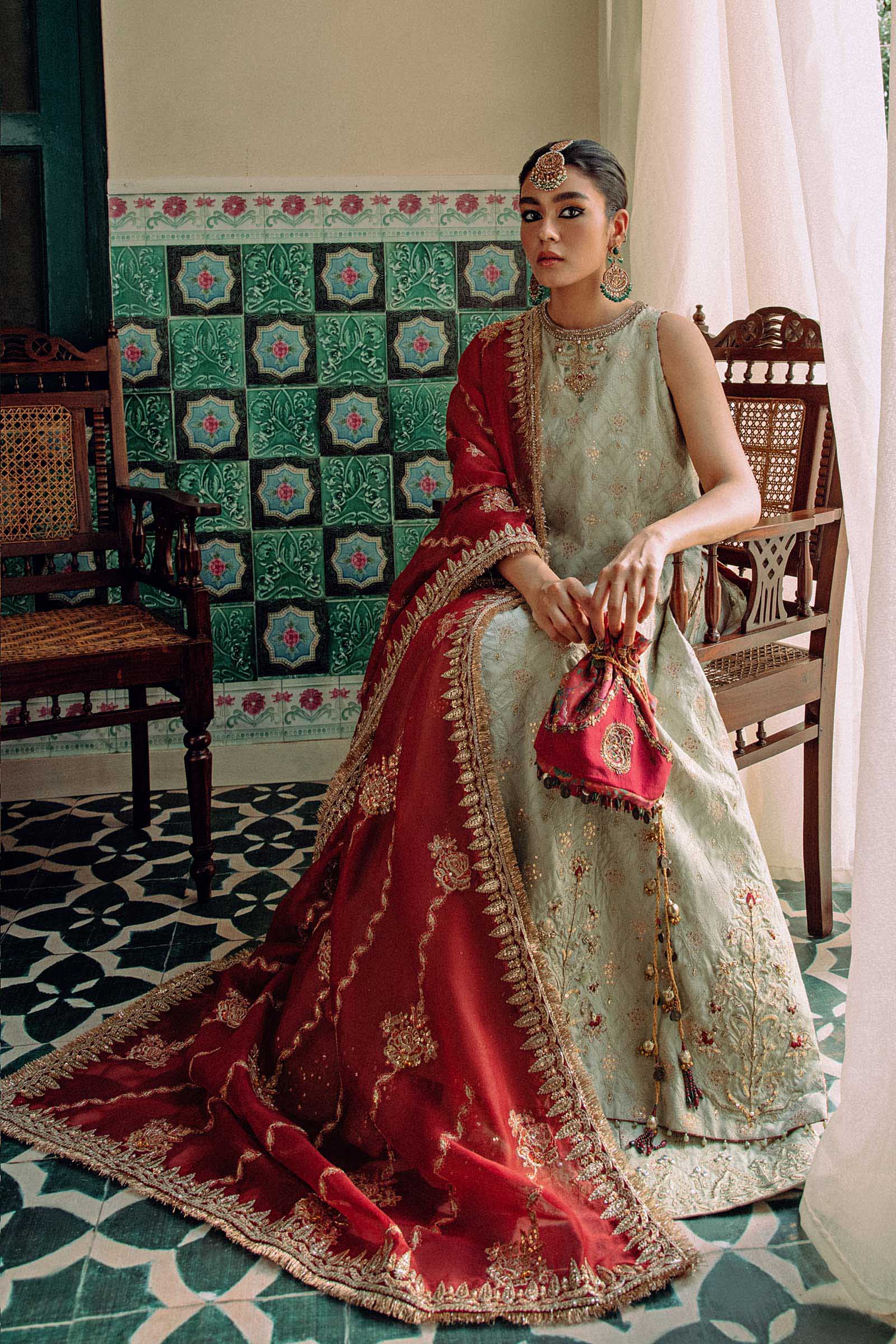 Sage Green Embroidered Raw Silk Lehenga Set (3-Piece) - Image 2