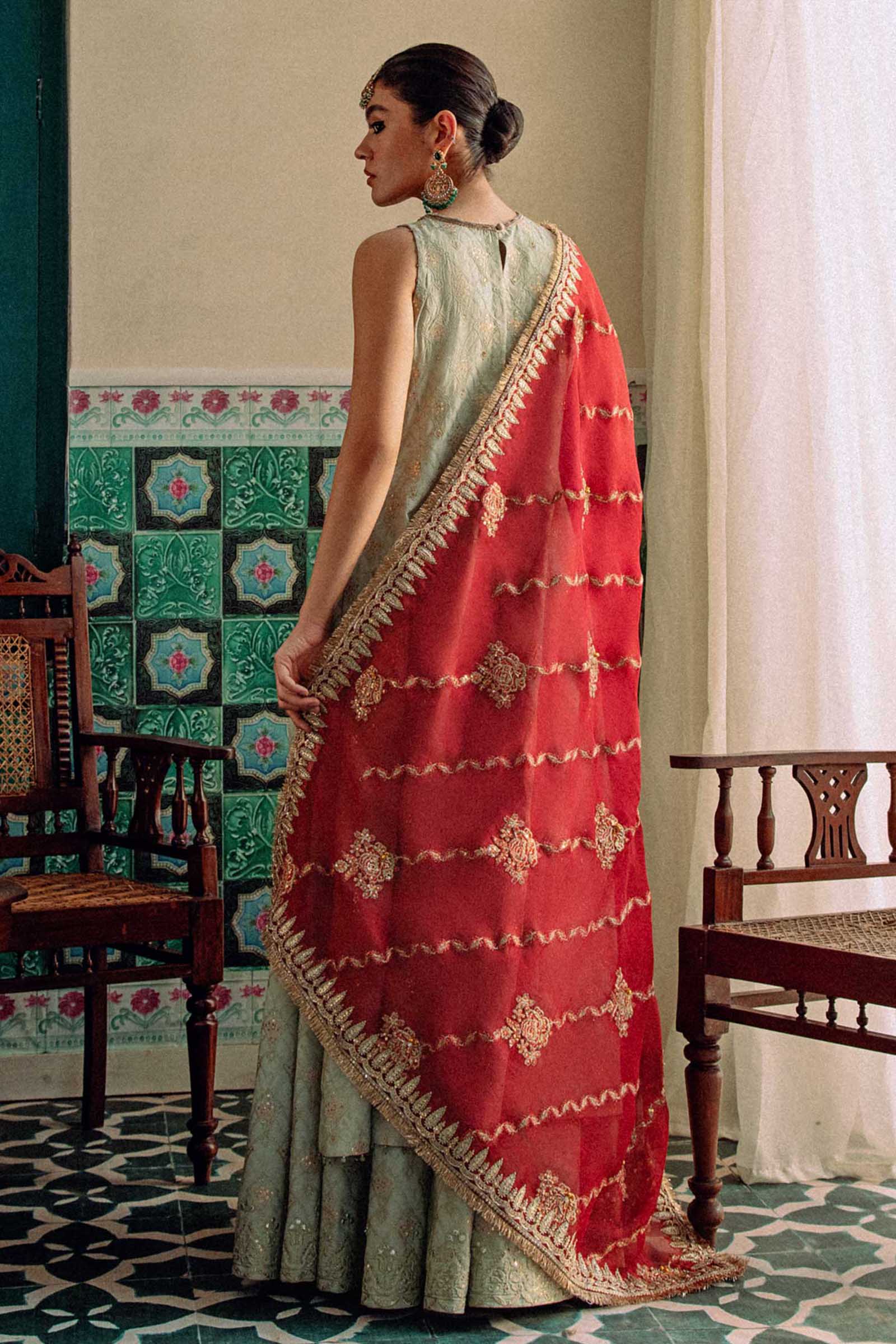 Sage Green Embroidered Raw Silk Lehenga Set (3-Piece) - Image 3