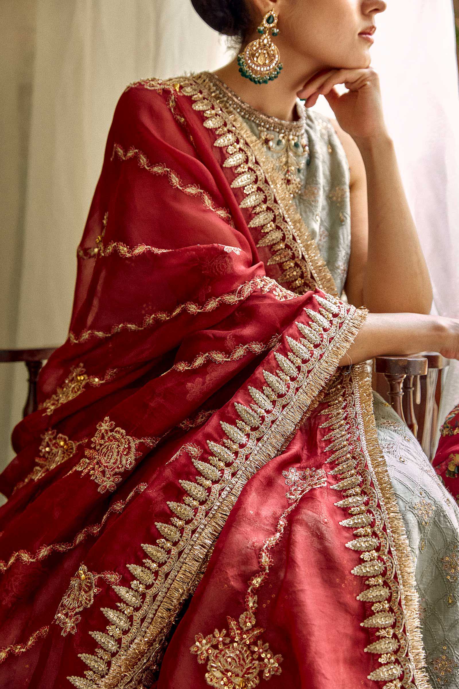 Sage Green Embroidered Raw Silk Lehenga Set (3-Piece) - Image 4