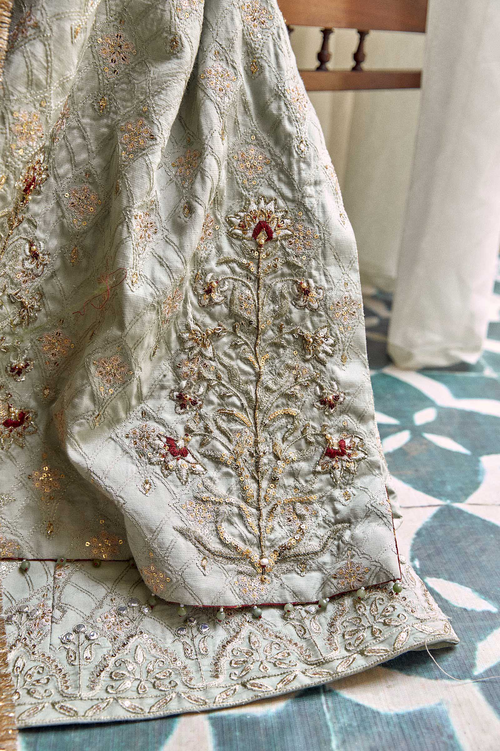 Sage Green Embroidered Raw Silk Lehenga Set (3-Piece) - Image 5