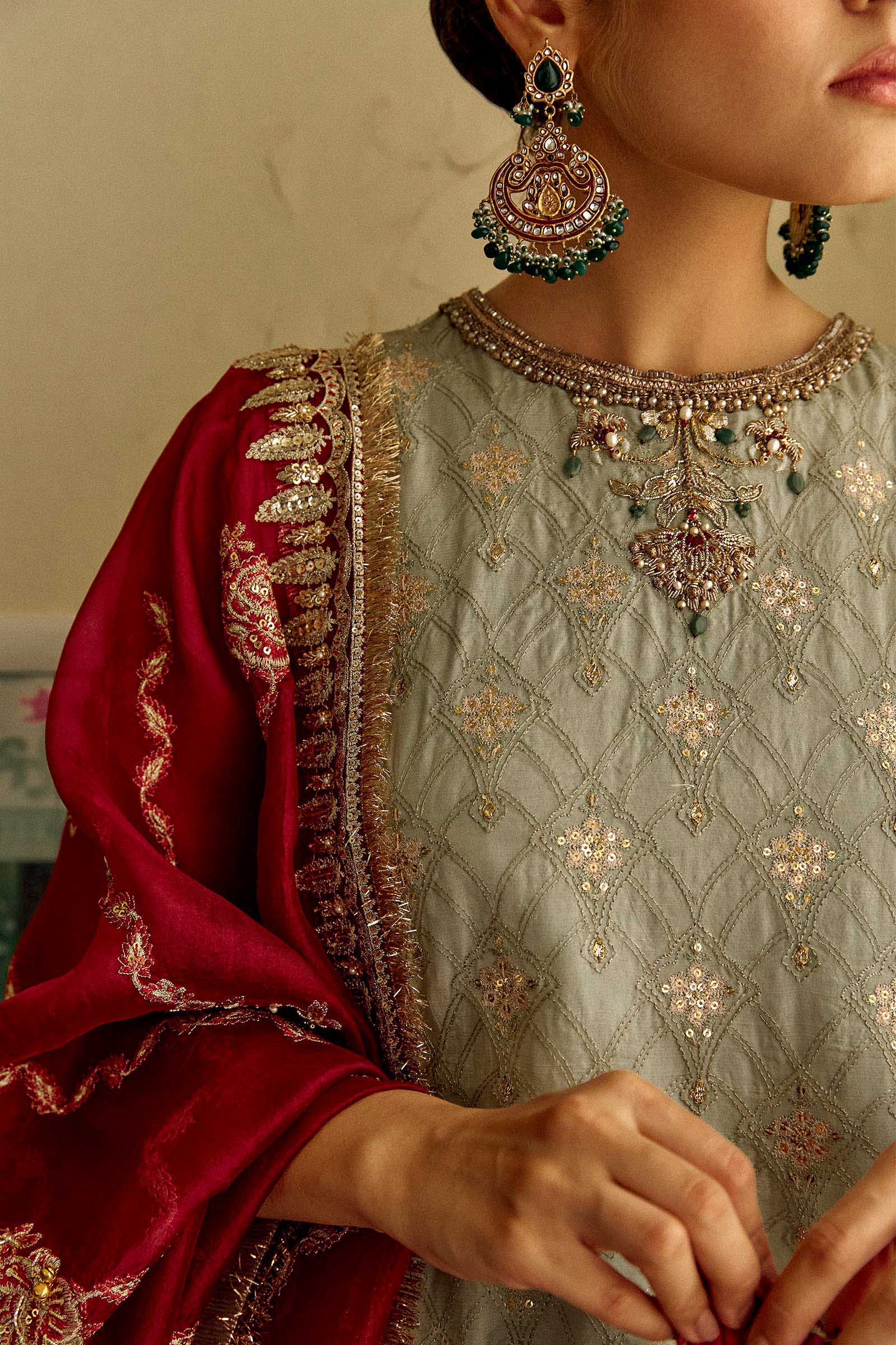 Sage Green Embroidered Raw Silk Lehenga Set (3-Piece) - Image 6