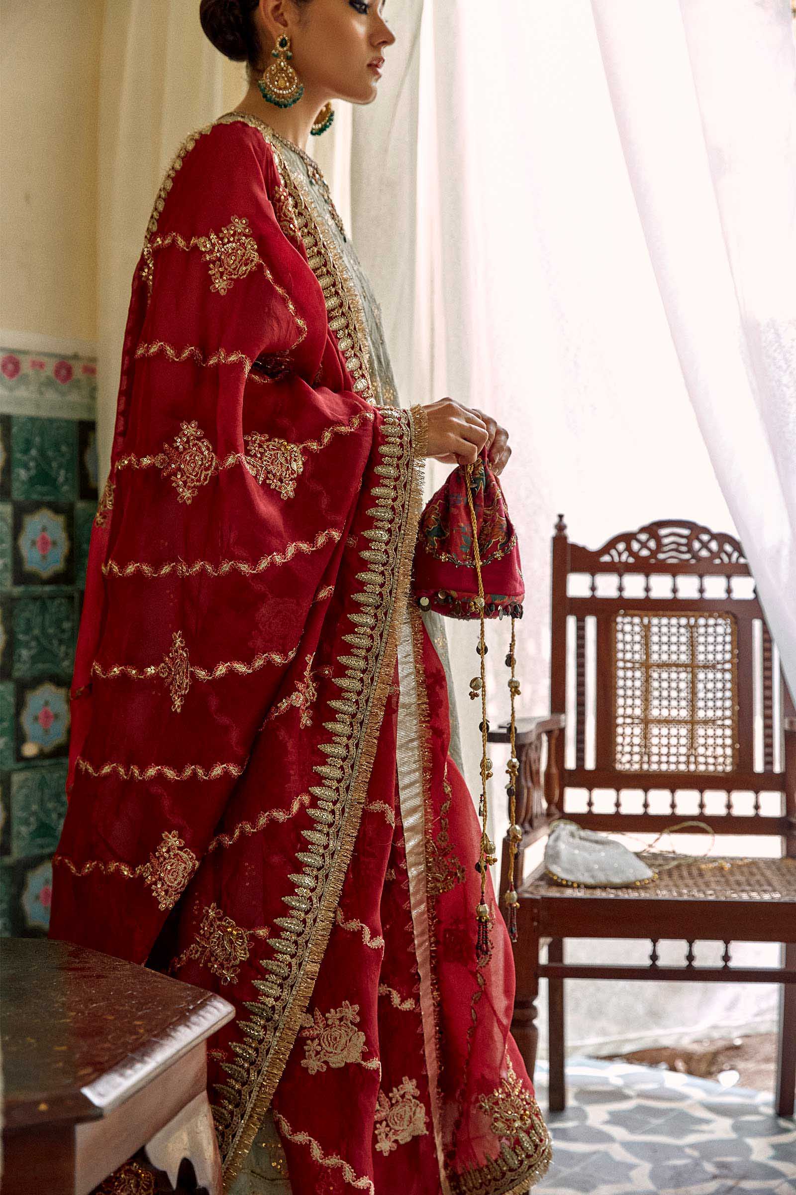 Sage Green Embroidered Raw Silk Lehenga Set (3-Piece) - Image 7