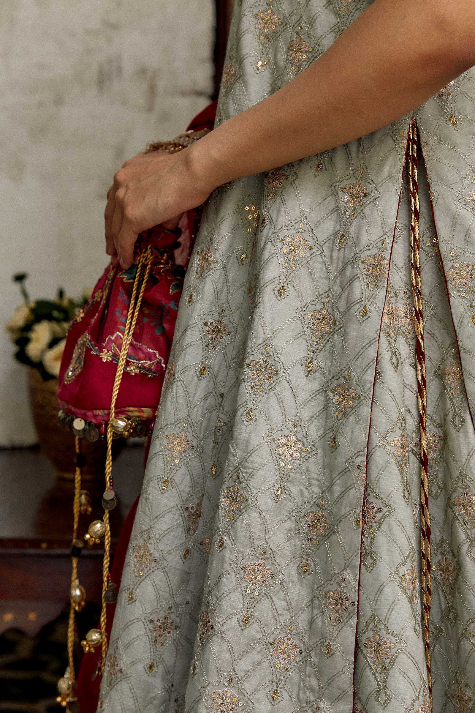 Sage Green Embroidered Raw Silk Lehenga Set (3-Piece) - Image 8