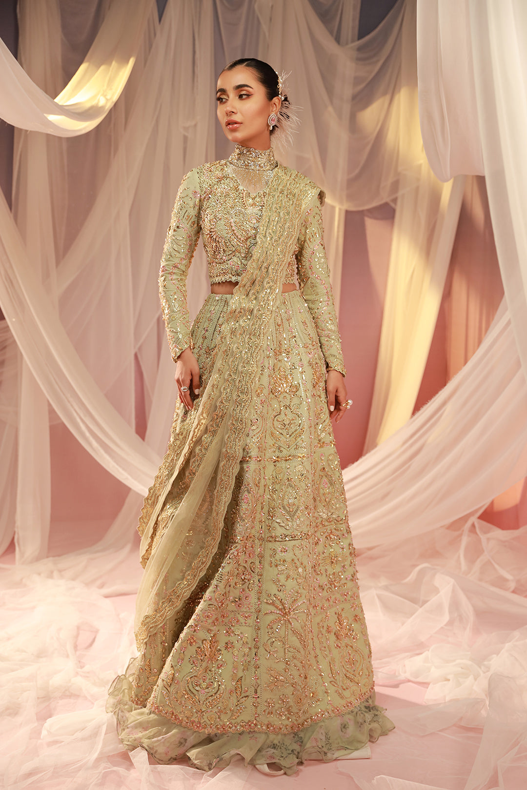 Pakistani Mint Green Embroidered Raw Silk Bridal Lehenga (3-Piece) - Image 1