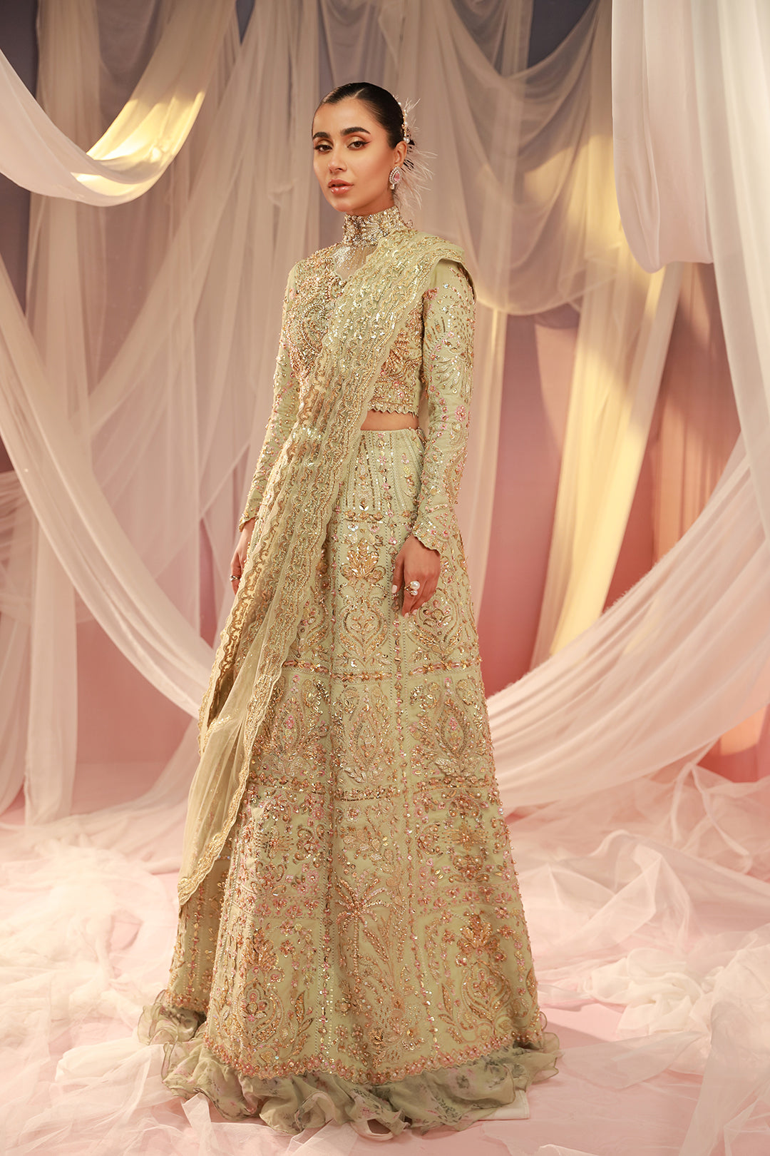Pakistani Mint Green Embroidered Raw Silk Bridal Lehenga (3-Piece) - Image 3