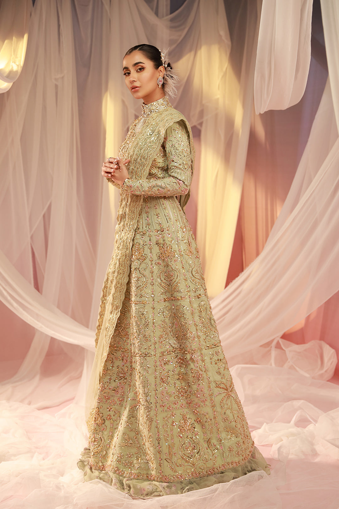 Pakistani Mint Green Embroidered Raw Silk Bridal Lehenga (3-Piece) - Image 4