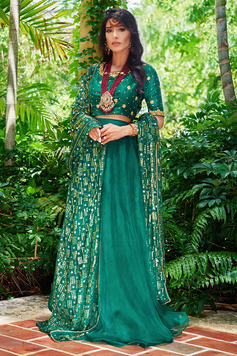 Emerald Kamdani Embroidered Raw Silk Lehenga (3-Piece) - Image 1