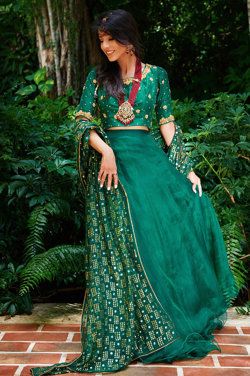 Emerald Kamdani Embroidered Raw Silk Lehenga (3-Piece) - Image 3