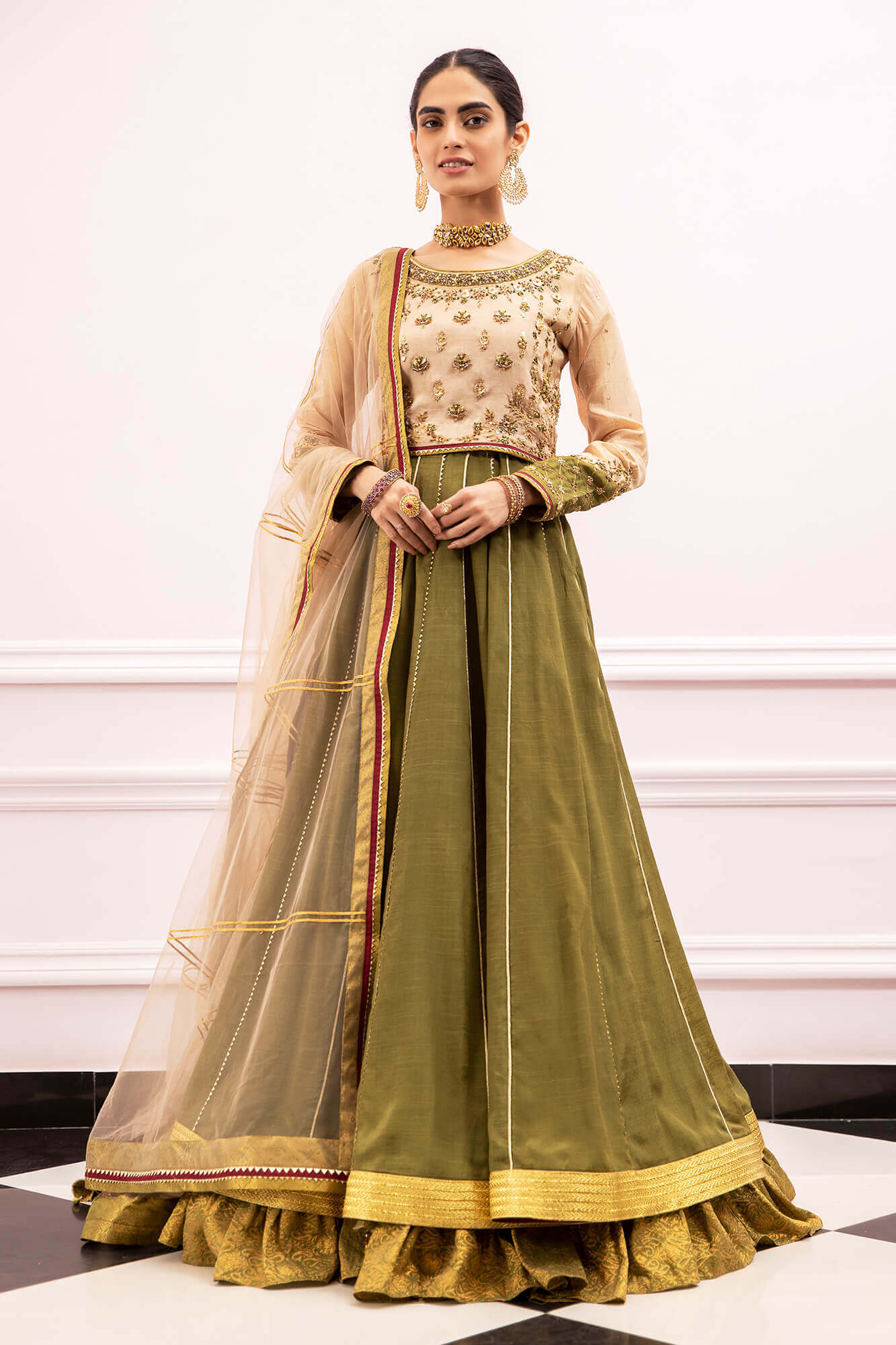 Pakistani Olive Green Hand-Embellished PK Raw Silk Lehenga (3-Piece) - Image 2