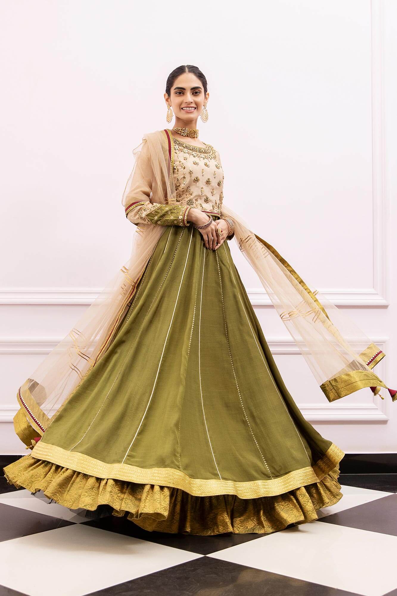 Pakistani Olive Green Hand-Embellished PK Raw Silk Lehenga (3-Piece) - Image 3