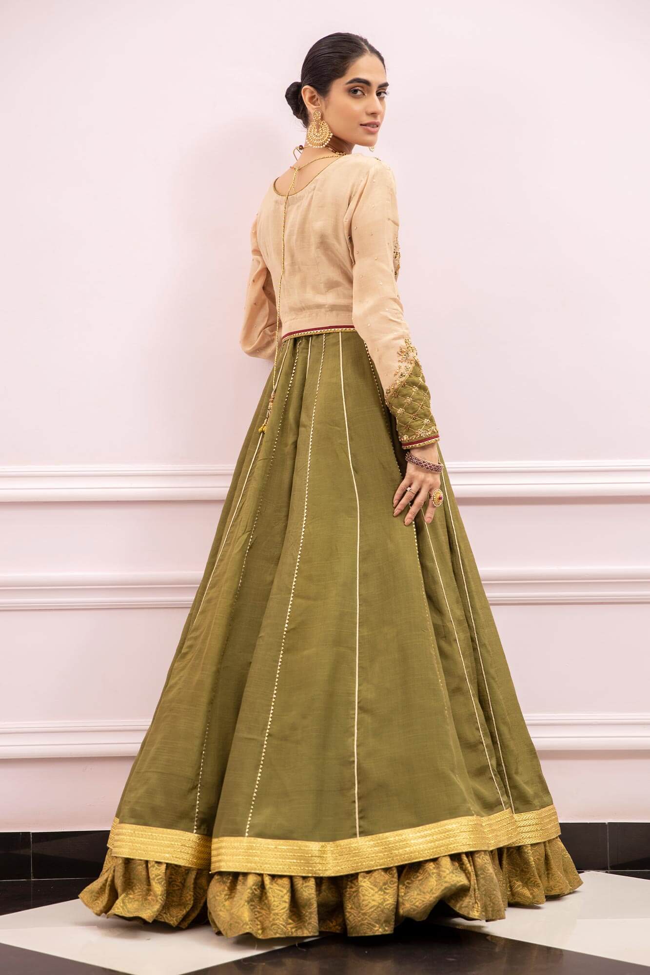 Pakistani Olive Green Hand-Embellished PK Raw Silk Lehenga (3-Piece) - Image 4
