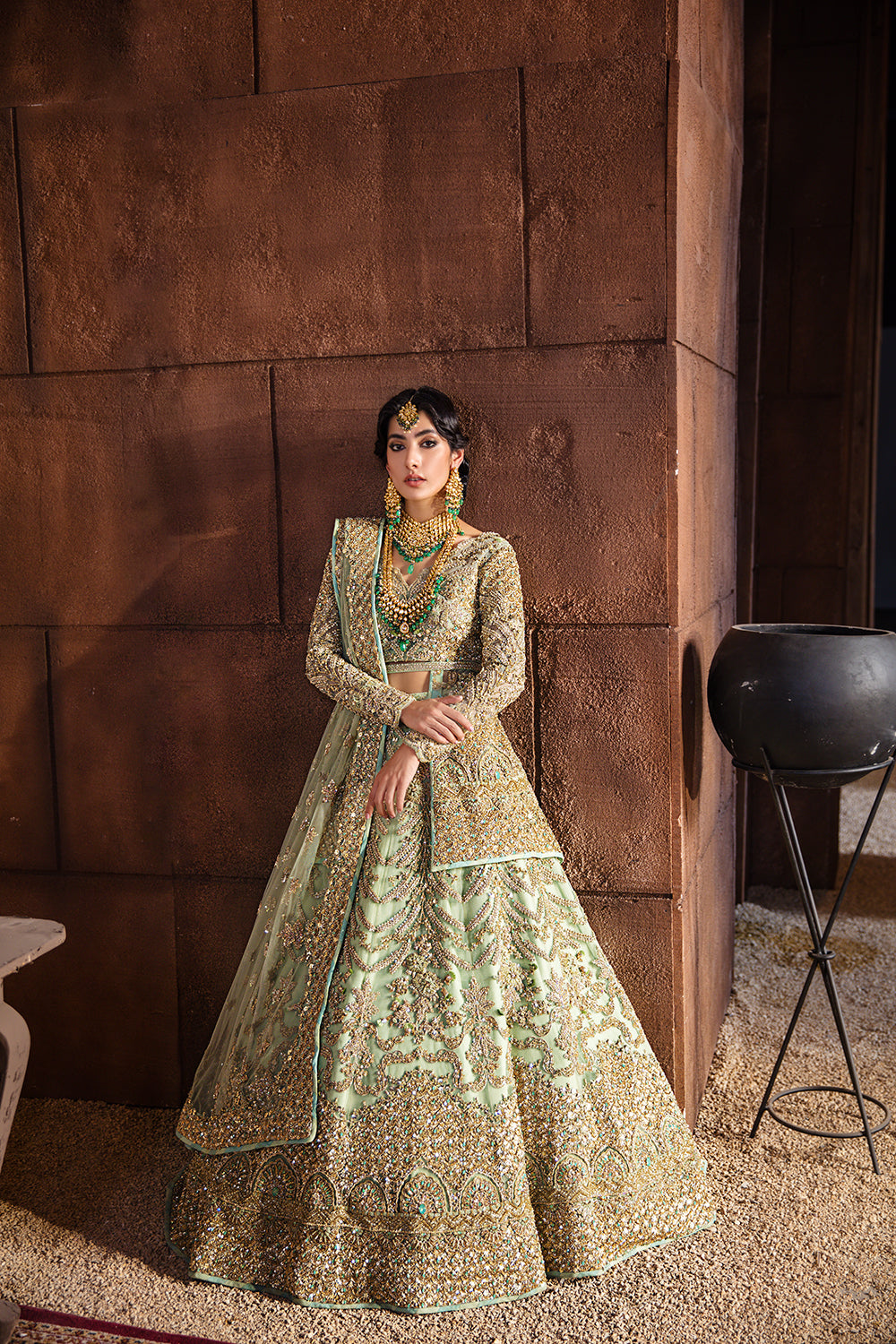 Pistachio Green Embellished Raw Silk Peplum Lehenga (3-Piece) - Image 3