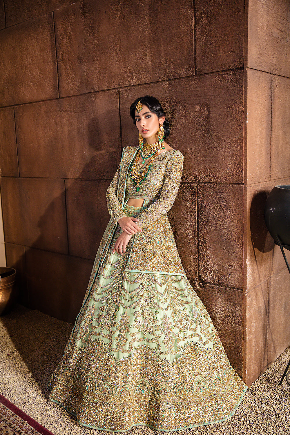 Pistachio Green Embellished Raw Silk Peplum Lehenga (3-Piece) - Image 1
