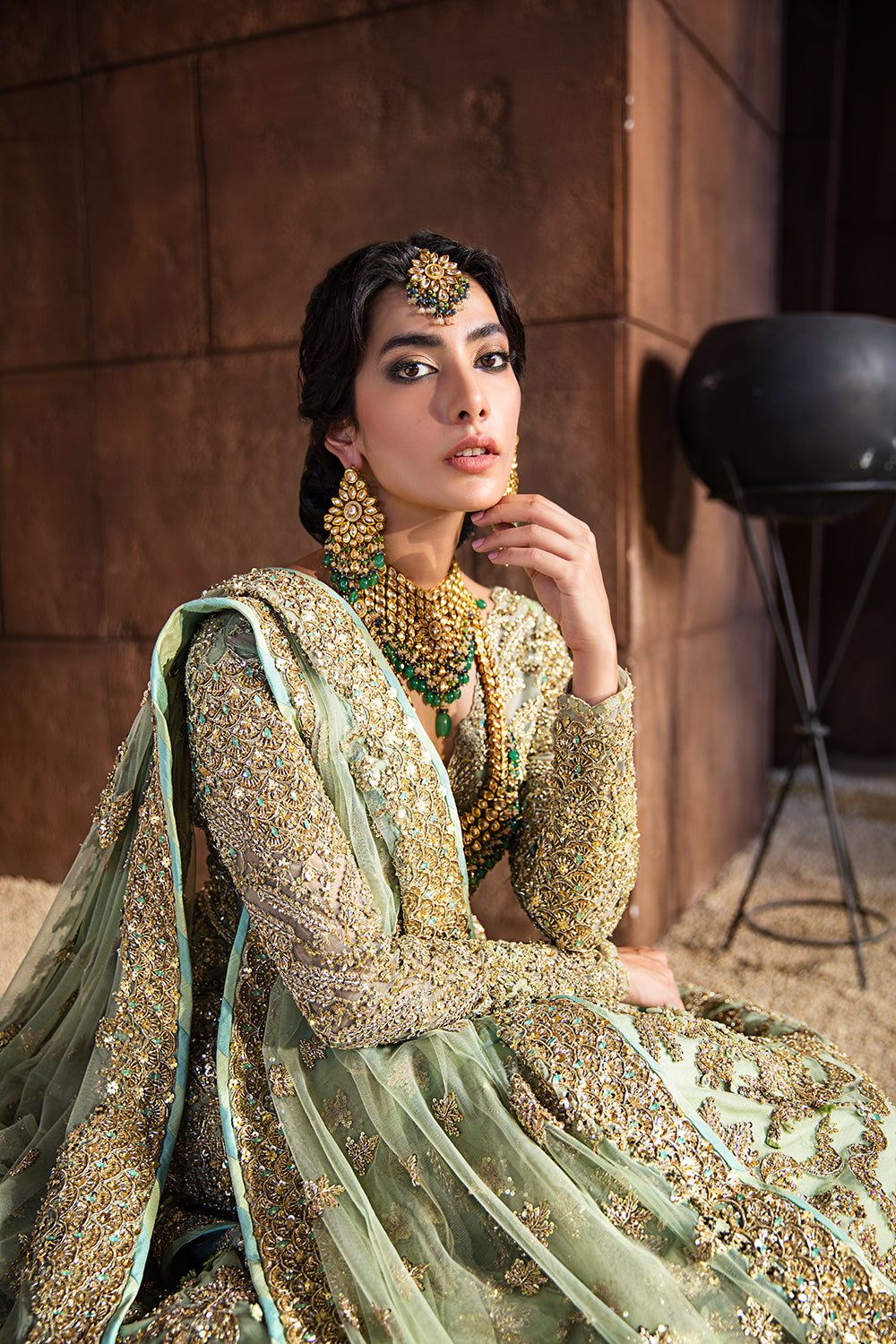 Pakistani Pistachio Green Embellished Raw Silk Peplum Lehenga (3-Piece) - Image 2