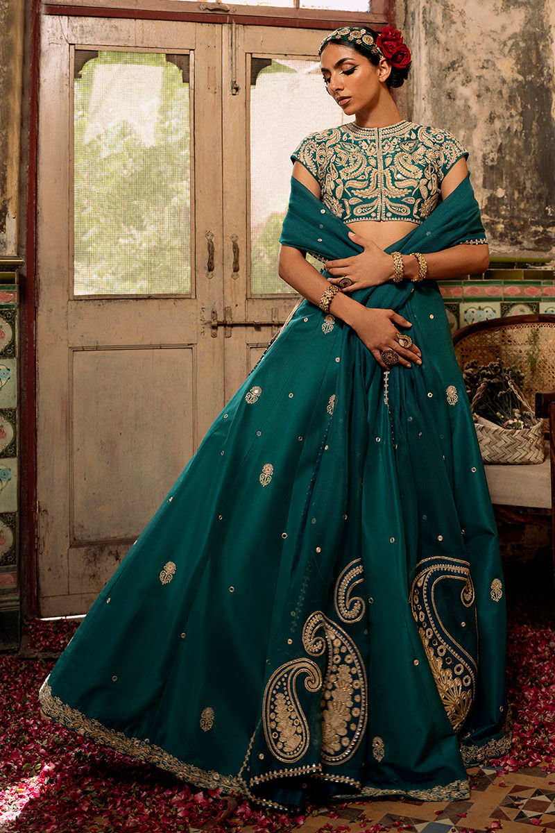 Emerald Green Marori Sheesha Raw Silk Lehenga (3-Piece) - Image 1