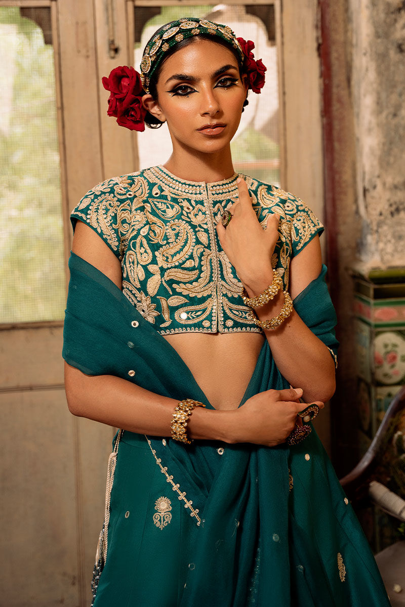 Emerald Green Marori Sheesha Raw Silk Lehenga (3-Piece) - Image 2