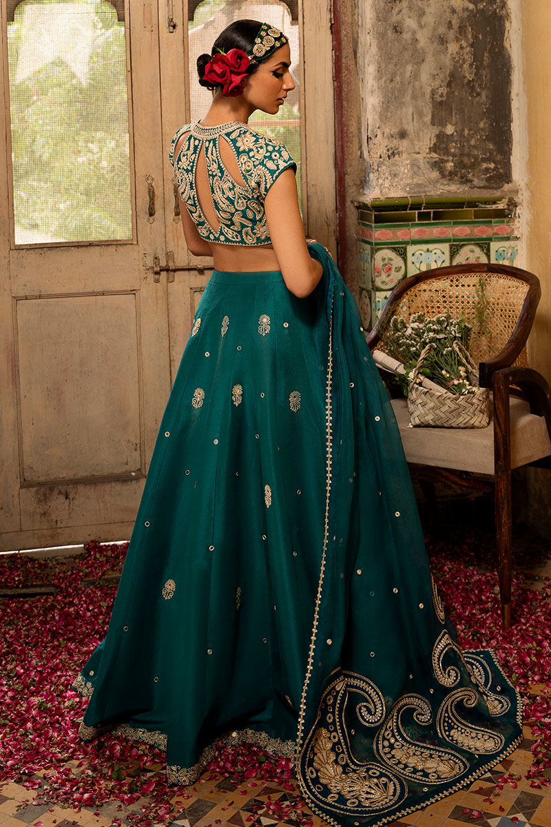Emerald Green Marori Sheesha Raw Silk Lehenga (3-Piece) - Image 3