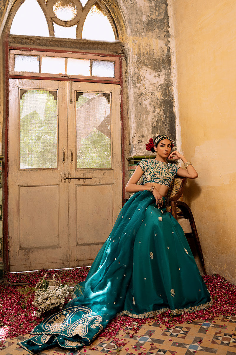 Emerald Green Marori Sheesha Raw Silk Lehenga (3-Piece) - Image 4