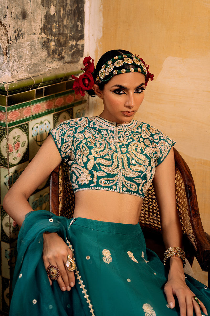 Emerald Green Marori Sheesha Raw Silk Lehenga (3-Piece) - Image 5