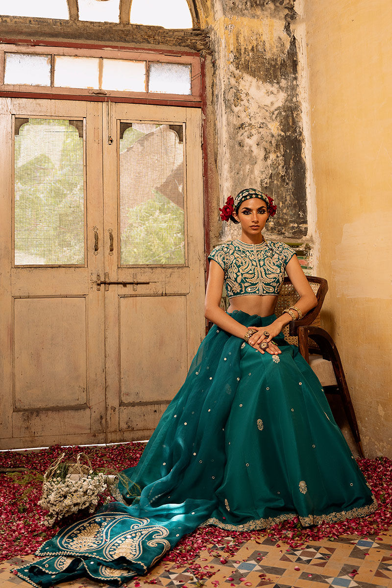 Emerald Green Marori Sheesha Raw Silk Lehenga (3-Piece) - Image 6