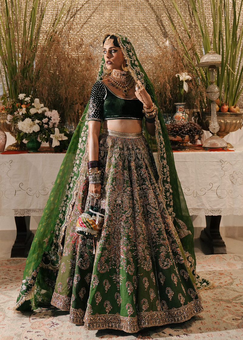 Pine Green Embroidered Korean Raw Silk Lehenga (3-Piece) - Image 1