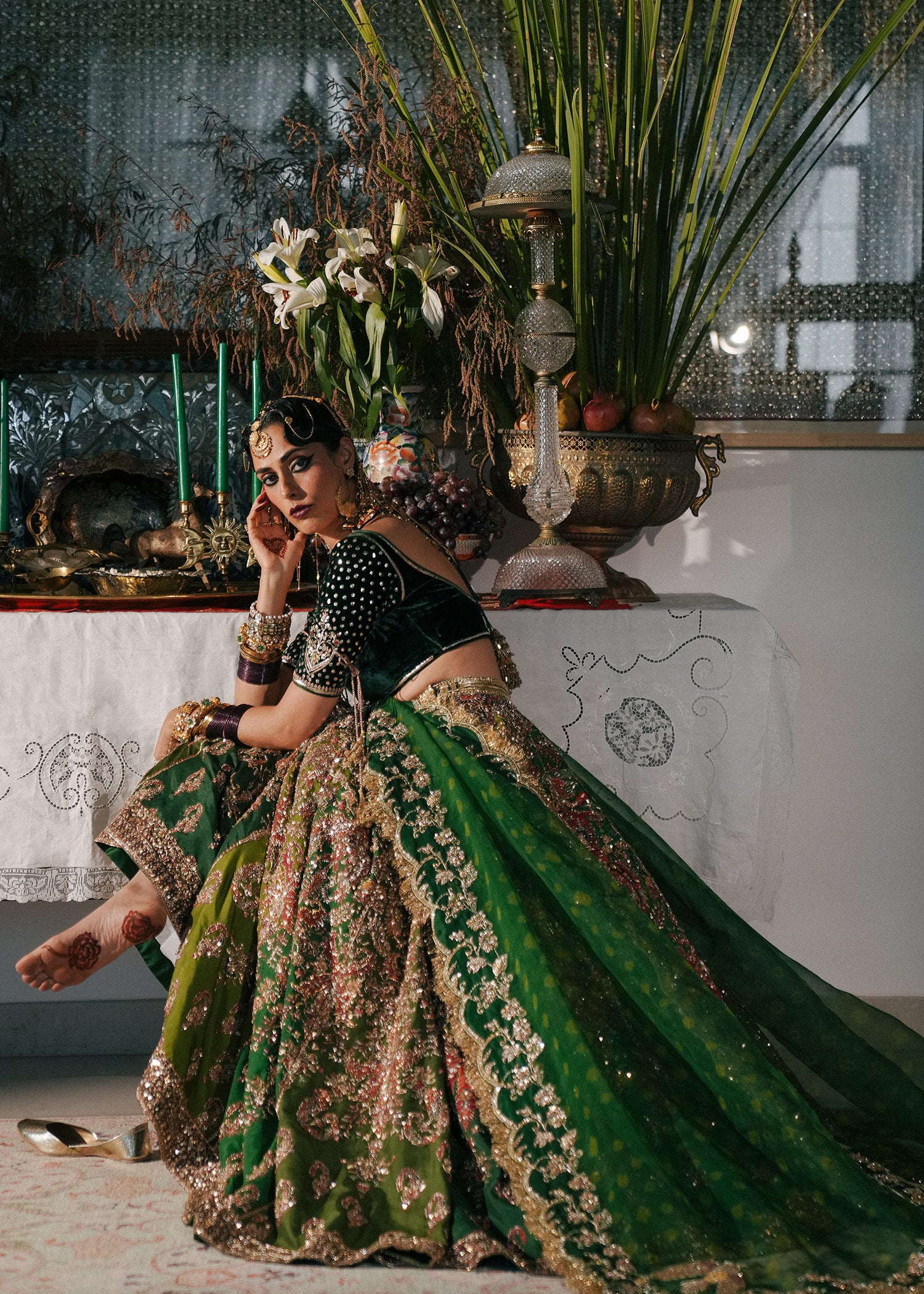 Pine Green Embroidered Korean Raw Silk Lehenga (3-Piece) - Image 13
