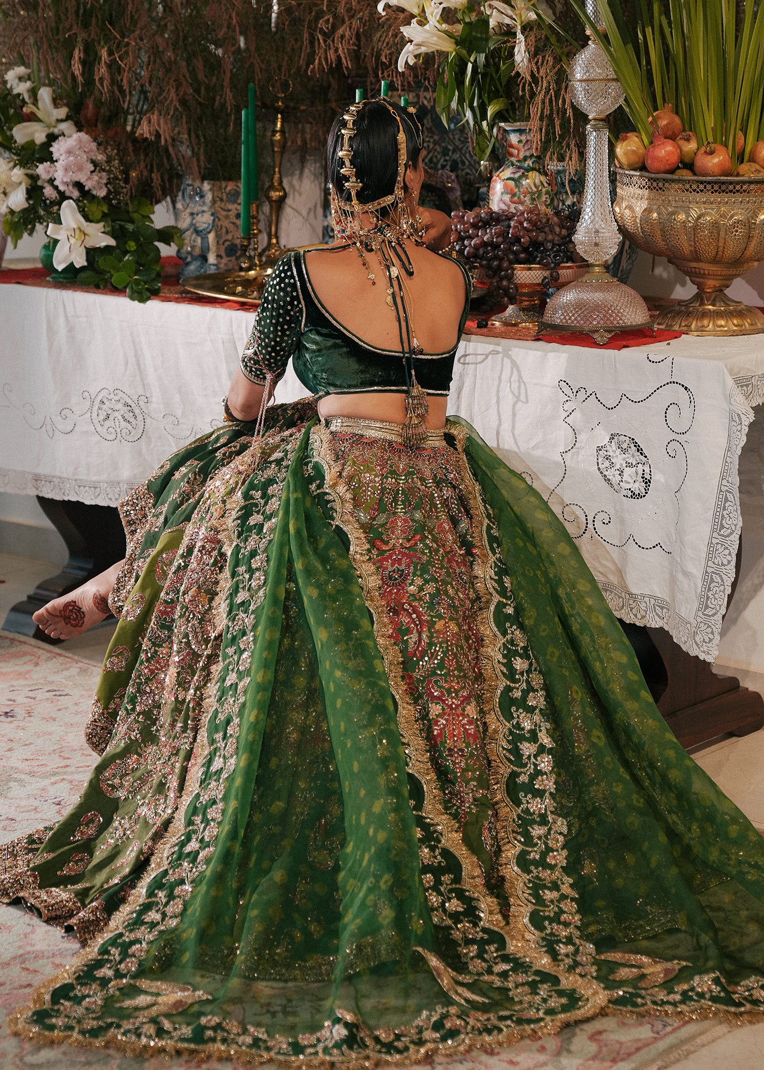 Pine Green Embroidered Korean Raw Silk Lehenga (3-Piece) - Image 14