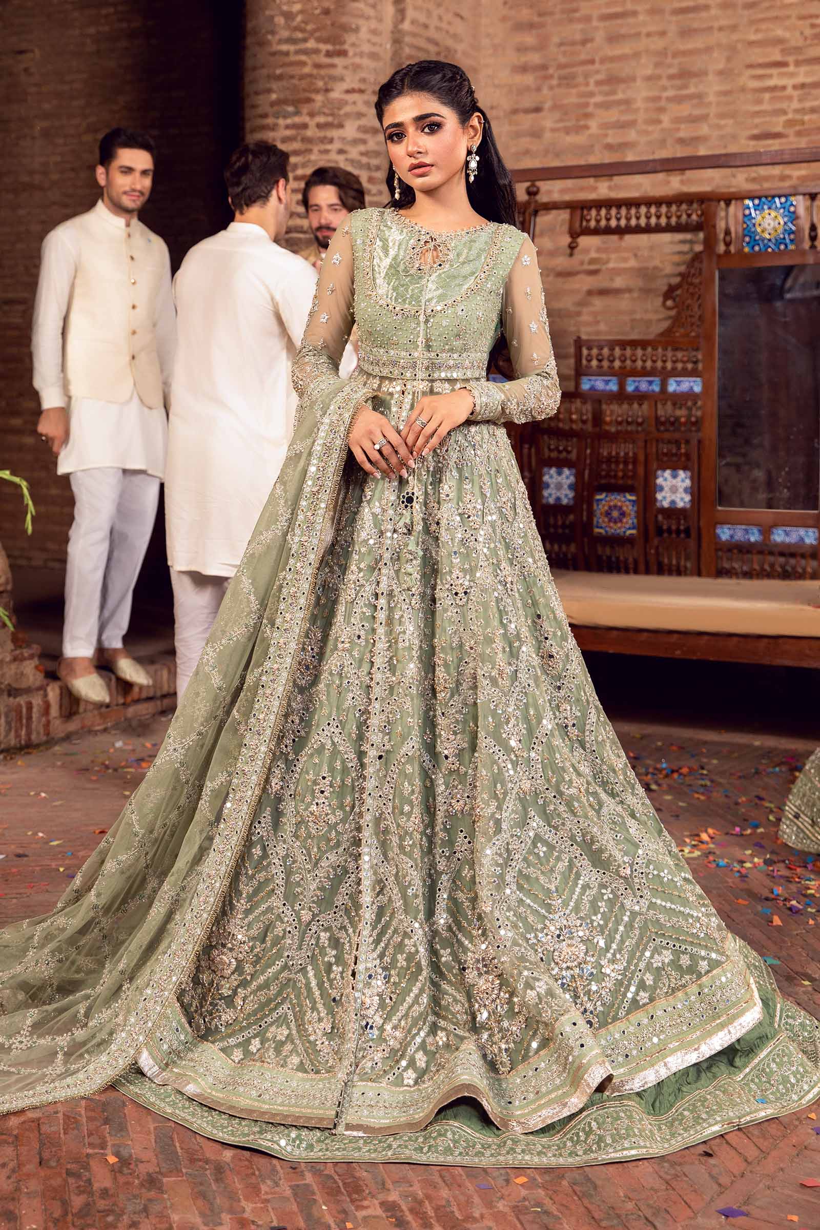 Pakistani Pistachio Green Embellished Net & Raw Silk Bridal Lehenga (3-Piece) - Image 2