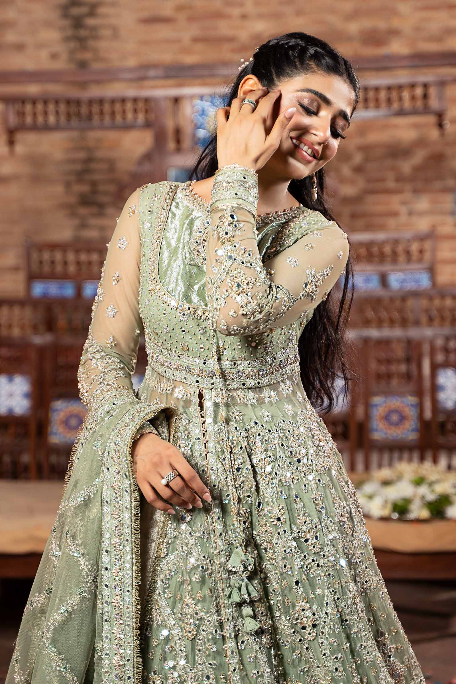 Pakistani Pistachio Green Embellished Net & Raw Silk Bridal Lehenga (3-Piece) - Image 3