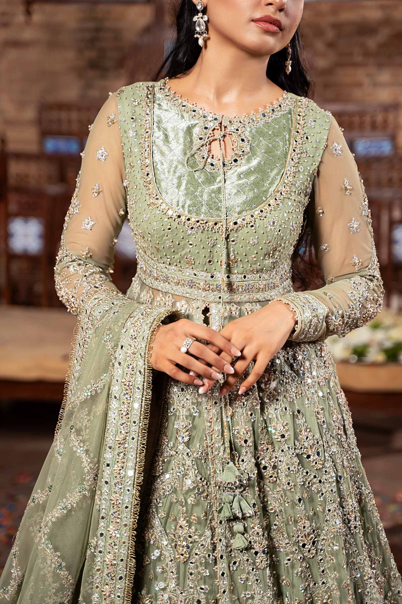 Pakistani Pistachio Green Embellished Net & Raw Silk Bridal Lehenga (3-Piece) - Image 4