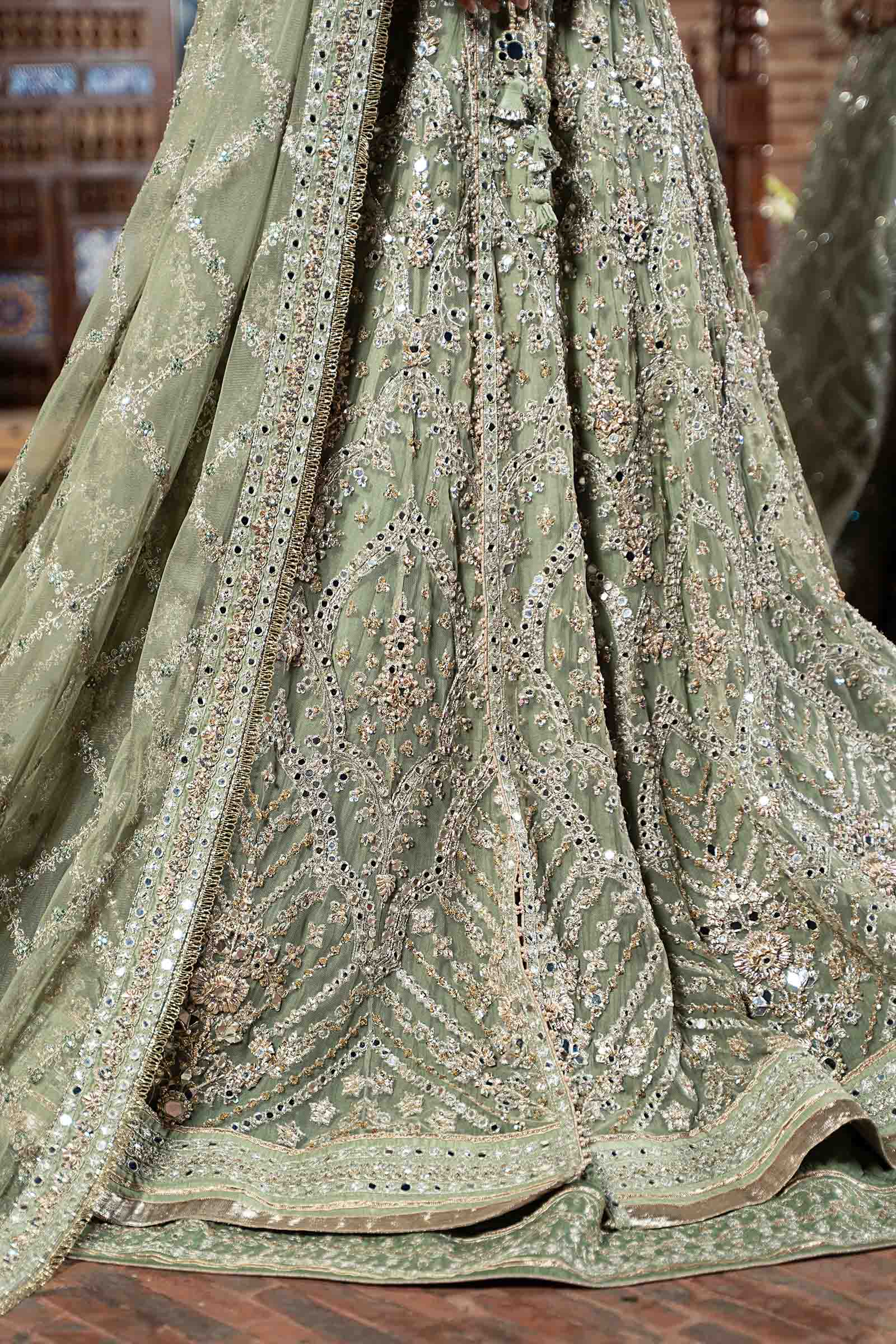 Pakistani Pistachio Green Embellished Net & Raw Silk Bridal Lehenga (3-Piece) - Image 5