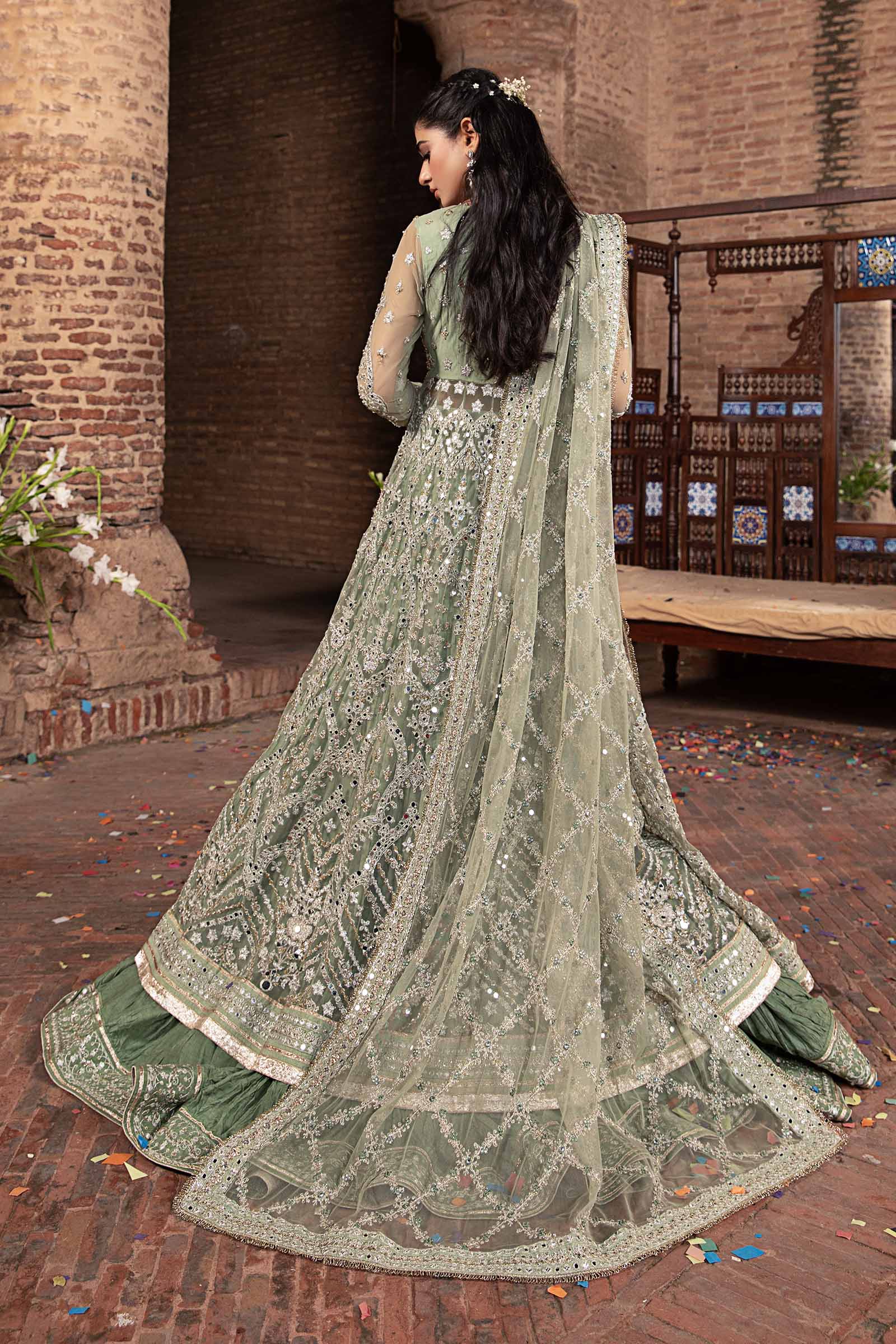 Pakistani Pistachio Green Embellished Net & Raw Silk Bridal Lehenga (3-Piece) - Image 8