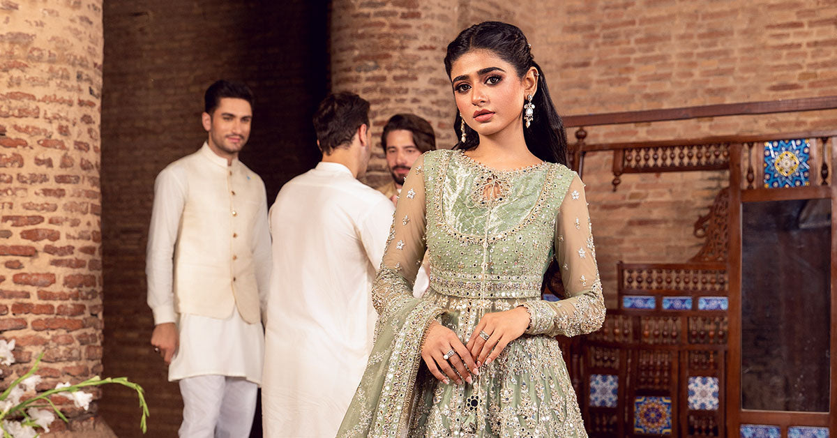 Pakistani Pistachio Green Embellished Net & Raw Silk Bridal Lehenga (3-Piece) - Image 9