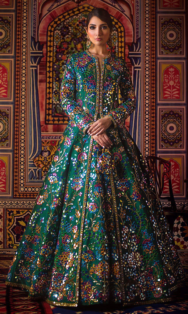 Emerald Green Mirror-Worked Raw Silk Jacket Lehnga (2-Piece) - Image 2