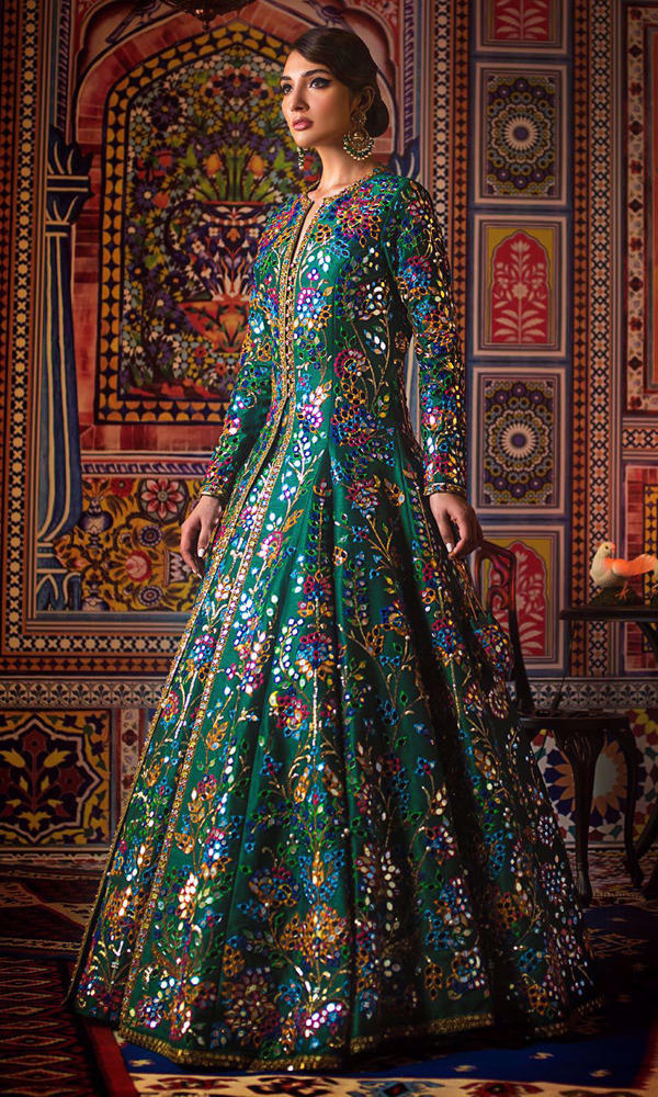 Emerald Green Mirror-Worked Raw Silk Jacket Lehnga (2-Piece) - Image 3