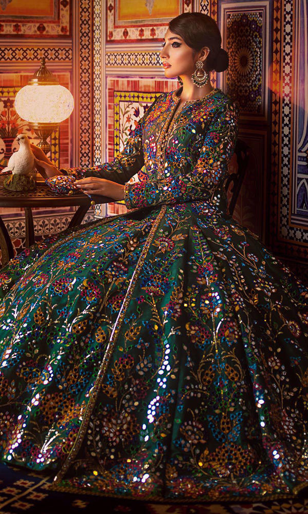 Emerald Green Mirror-Worked Raw Silk Jacket Lehnga (2-Piece) - Image 5