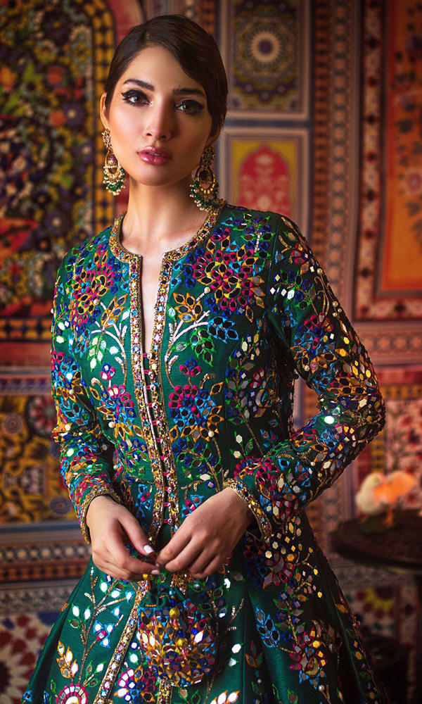 Emerald Green Mirror-Worked Raw Silk Jacket Lehnga (2-Piece) - Image 6