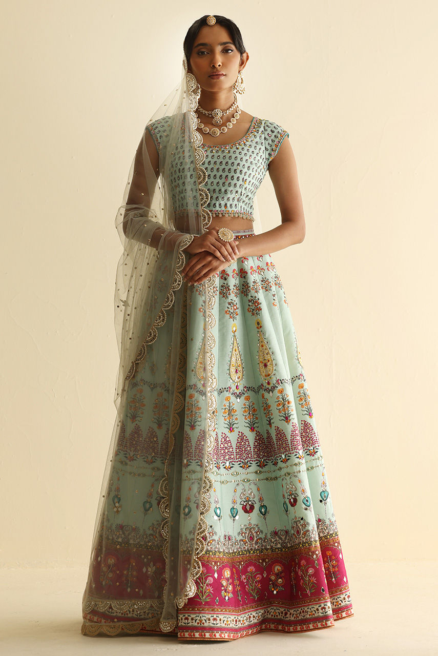 Pakistani Mint Mirror & Crystal Raw Silk Lehenga Choli (3-Piece) - Image 1