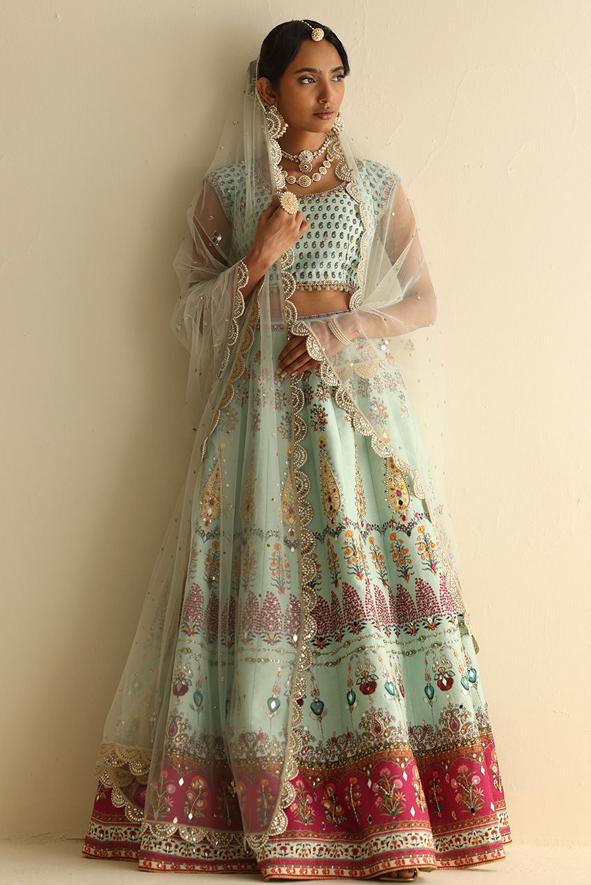 Pakistani Mint Mirror & Crystal Raw Silk Lehenga Choli (3-Piece) - Image 2