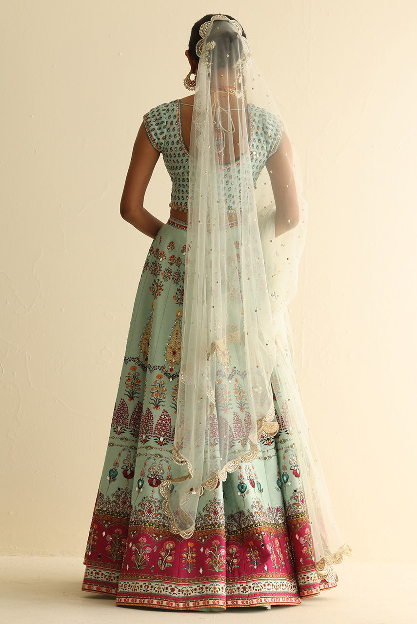 Pakistani Mint Mirror & Crystal Raw Silk Lehenga Choli (3-Piece) - Image 3