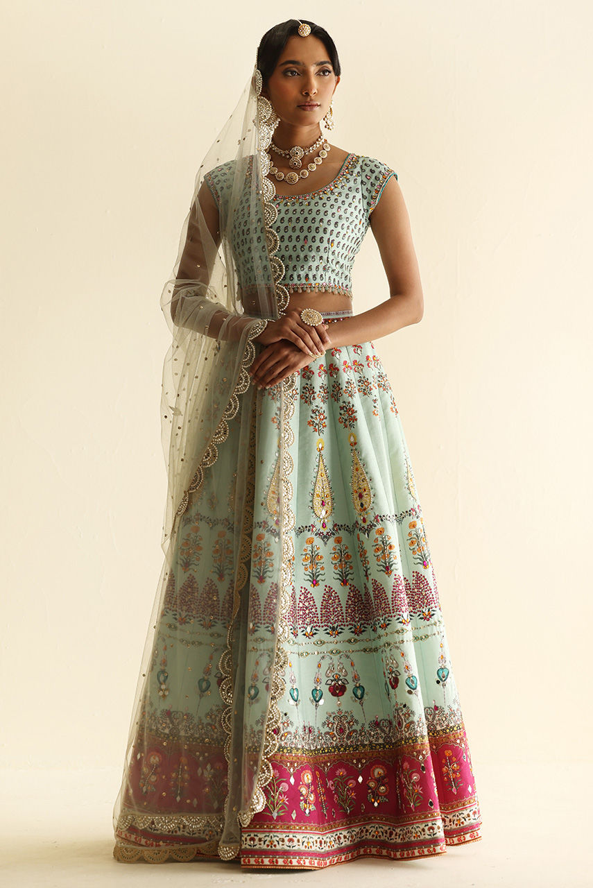 Pakistani Mint Mirror & Crystal Raw Silk Lehenga Choli (3-Piece) - Image 4