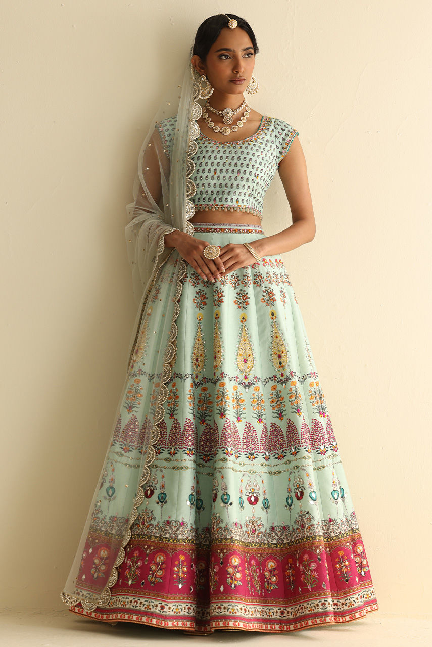 Pakistani Mint Mirror & Crystal Raw Silk Lehenga Choli (3-Piece) - Image 6