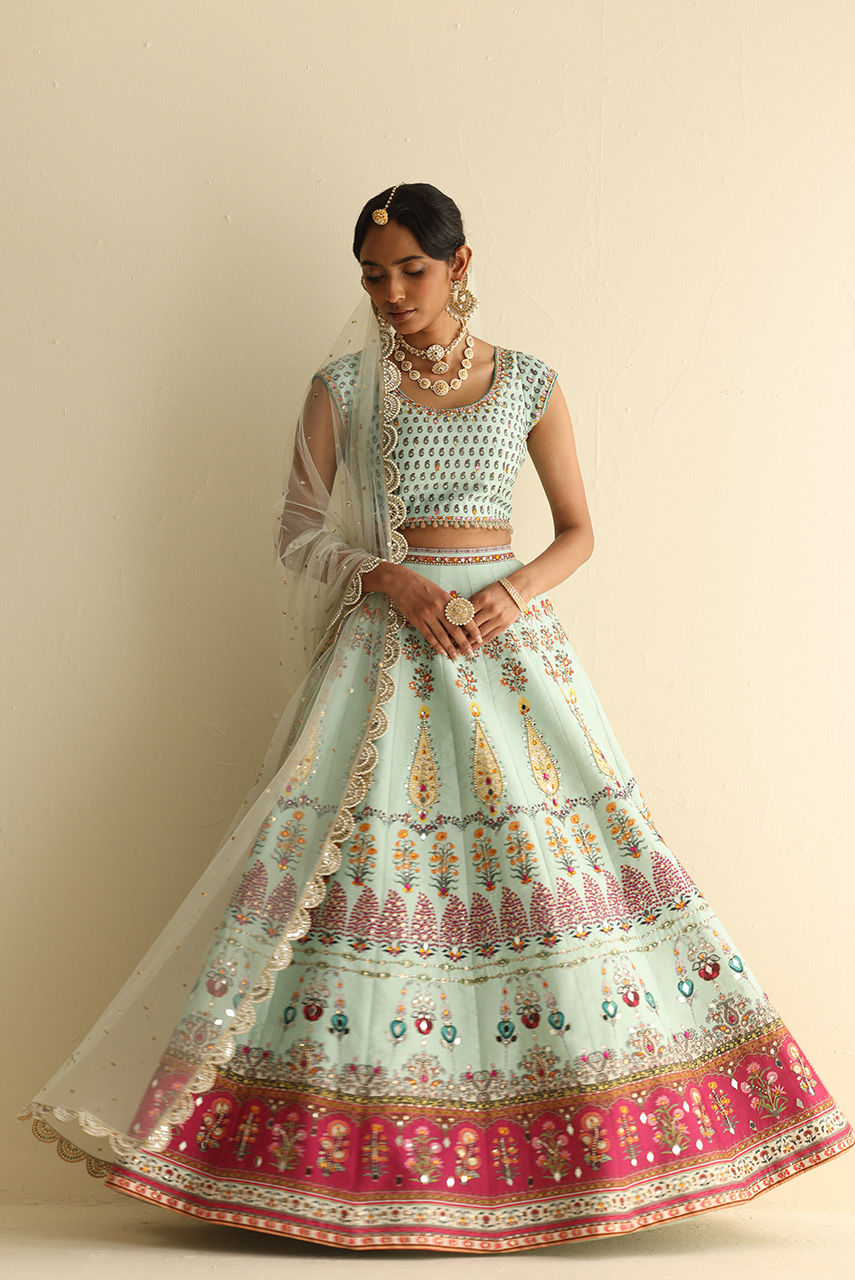 Pakistani Mint Mirror & Crystal Raw Silk Lehenga Choli (3-Piece) - Image 7
