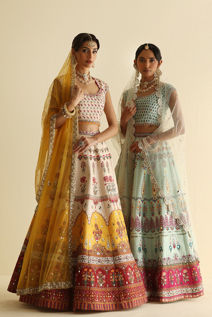 Pakistani Mint Mirror & Crystal Raw Silk Lehenga Choli (3-Piece) - Image 8