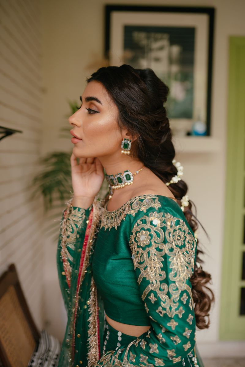Pakistani Emerald Green Embroidered Raw Silk Lehenga Choli (3-Piece) - Image 8