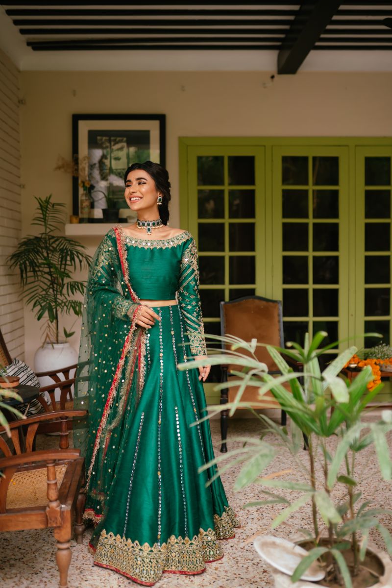 Pakistani Emerald Green Embroidered Raw Silk Lehenga Choli (3-Piece) - Image 9
