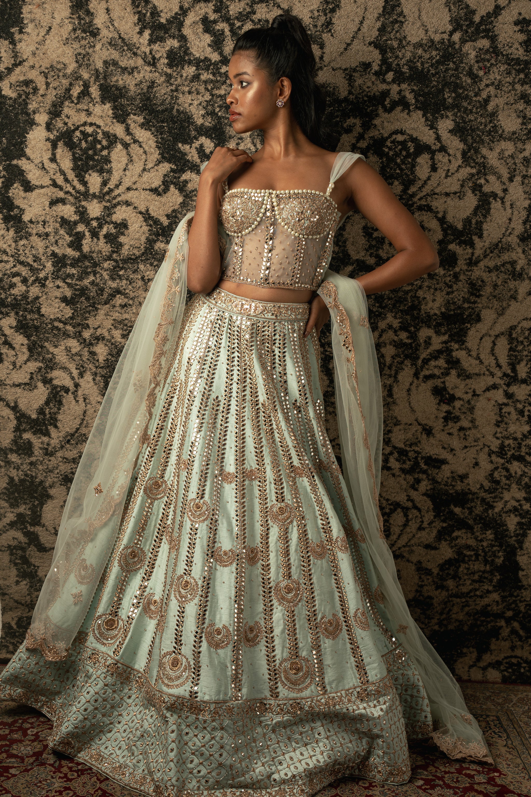 Indian Mint Green Mirror Embroidered Raw Silk Lehenga (3-Piece) - Image 3