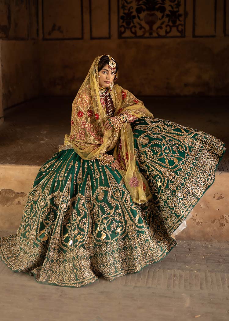 Emerald Green Embroidered Raw Silk Lehenga (3-Piece) - Image 1