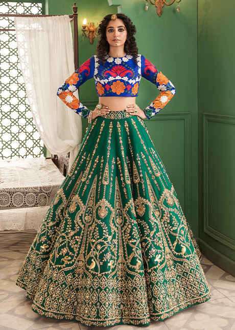 Emerald Green Embroidered Raw Silk Lehenga (3-Piece) - Image 10