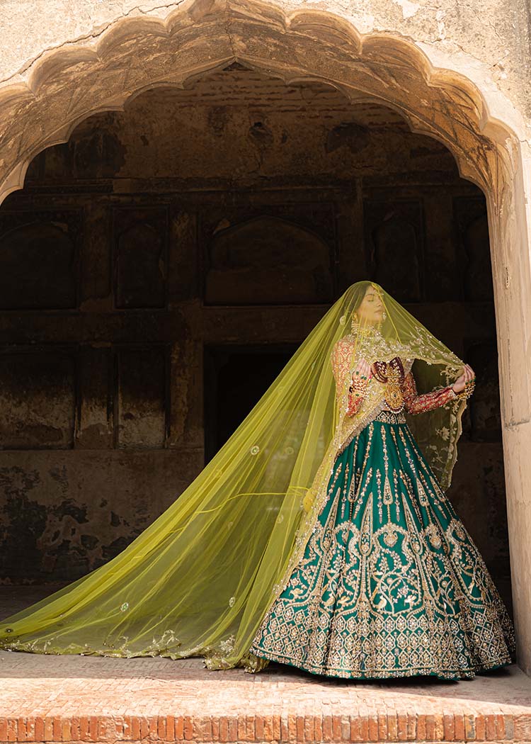 Emerald Green Embroidered Raw Silk Lehenga (3-Piece) - Image 13